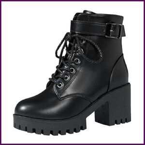 Chunky Heel Combat Boots with Side Zipper, Non-Slip Lug Sole, Buckle Strap